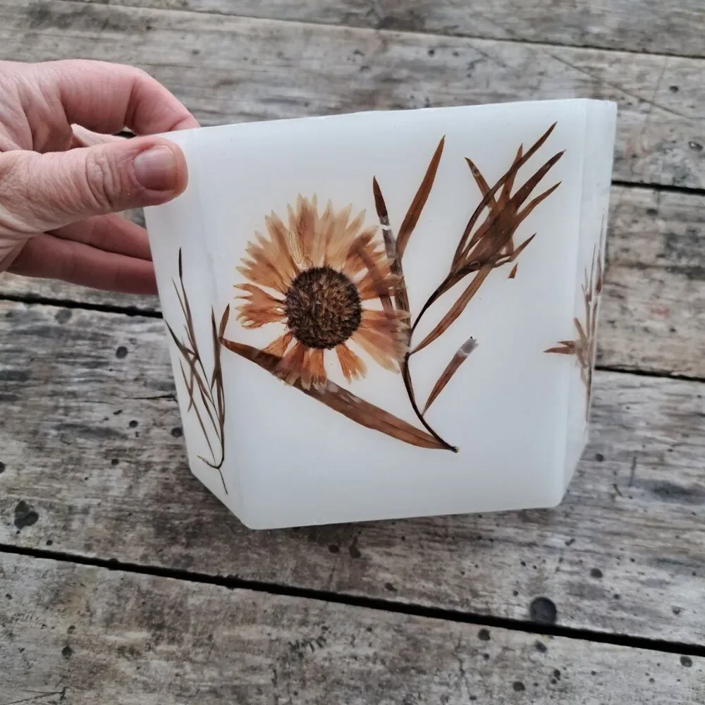 Large Luminary Wax Votive Candle Floral Flower White Handmade